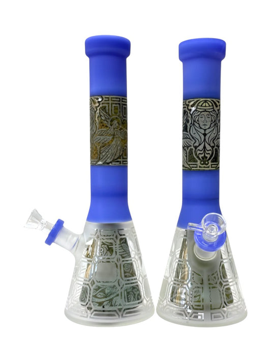 M73 14" Engraved Holy w/ Double Perc Waterpipe Assorted Colors